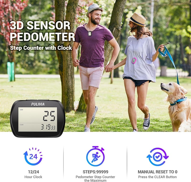 PULIVIA Pedometer for Walking 3D Step Counter with Clock, Accurate Steps Tracker Portable Pedometer with Clip, Simple Walking Step Counter - Image 2